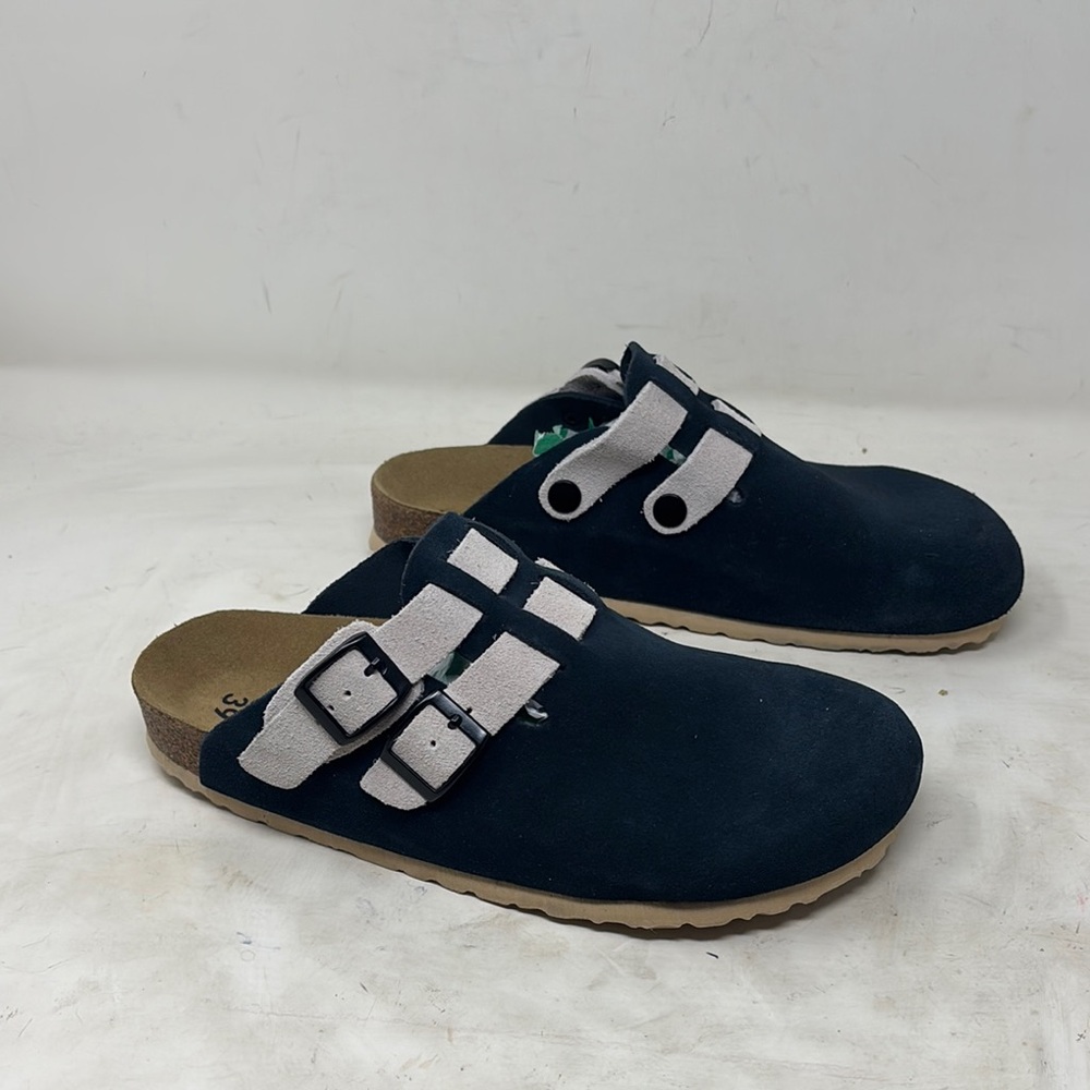 Navy Suede Clogs with Buckle Straps